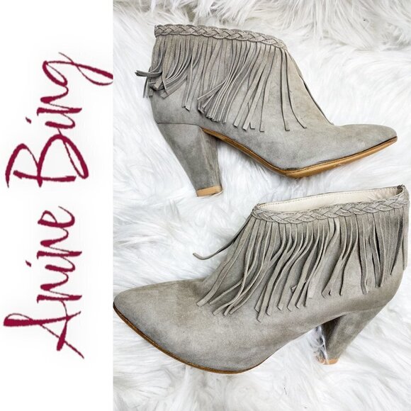 ANINE BING Irmelin Gray Suede Fringe Ankle Bootie, Size 37 - Picture 4 of 10